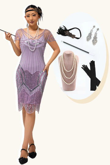 Vestido roxo Fringe Fringe 1920s com conjunto de acessórios de 5 peças
